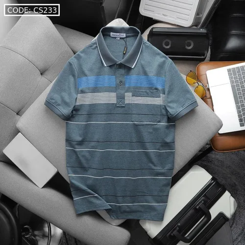 Áo Thun Nam Cổ Bẻ Có Túi Hoạ Tiết Sọc Ngang In Dẻo (Có size 3x)