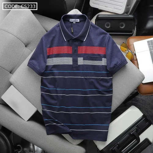 Áo Thun Nam Cổ Bẻ Có Túi Hoạ Tiết Sọc Ngang In Dẻo (Có size 3x)