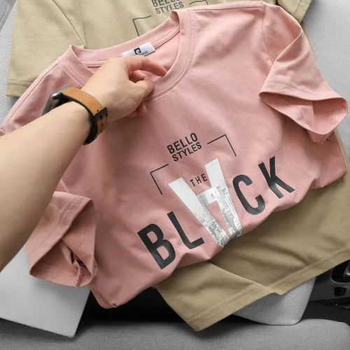 Áo thun nam cỏ tròn in chữ V chất cotton muối