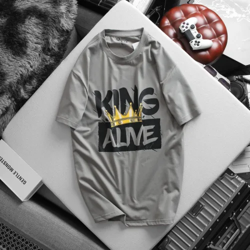 Áo Thun Nam Cổ Tròn Rurumen Màu Xám In Chữ King Big Size