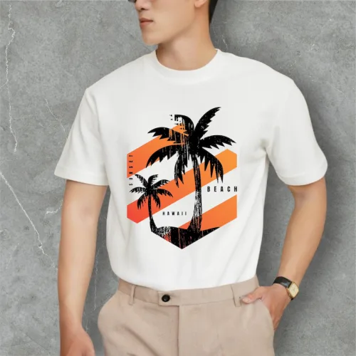 Áo Thun Nam Cổ Tròn Màu Trắng Rurumen In Hình Cây Dừa (Có size to 4x)