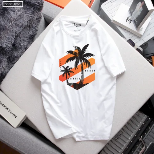 Áo Thun Nam Cổ Tròn Màu Trắng Rurumen In Hình Cây Dừa (Có size to 4x)