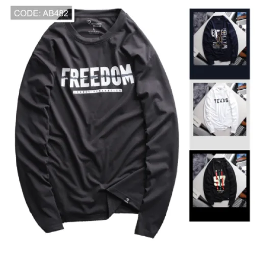Áo Thun Nam Tay Dài Cổ Tròn Rurumen Màu Xám In Chữ FREEDOM Big Size