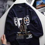 Áo Thun Nam Tay Dài Cổ Tròn Rurumen Màu Xanh Đen In Chữ BROOKLYN Big Size