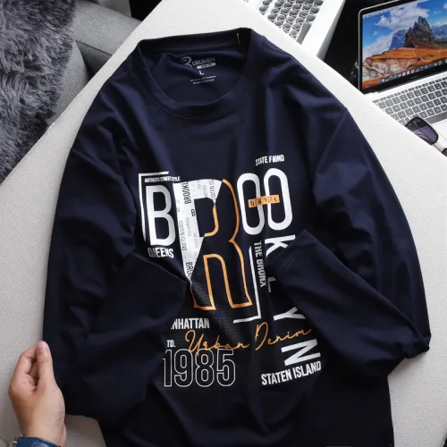 Áo Thun Nam Tay Dài Cổ Tròn Rurumen Màu Xanh Đen In Chữ BROOKLYN Big Size