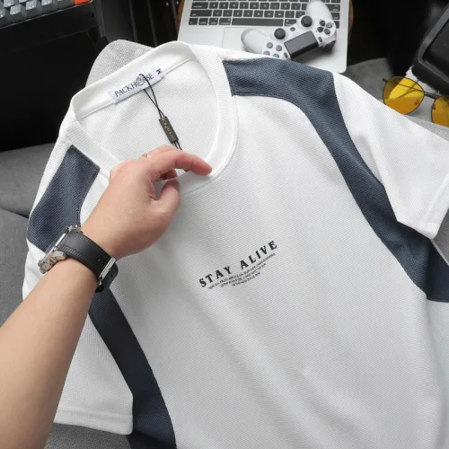 Áo Thun Nam Cổ Tròn Phối Sọc Màu & In Logo Chữ Trước Ngực Có Big Size