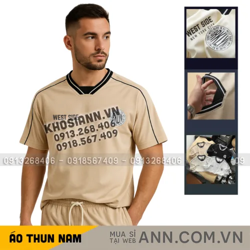 Áo Thun Nam Cổ Tròn Phối Sọc Và In Logo Chữ Bền Đẹp Trước Ngực Có Big Size