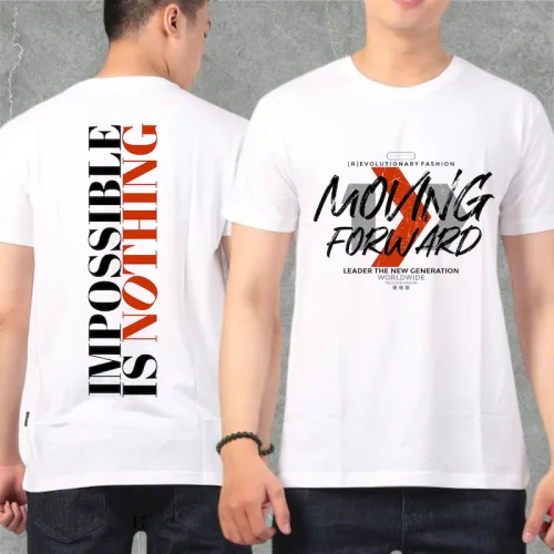 Áo Thun Nam Cổ Tròn Rurumen Màu Trắng In Chữ Moving ForWard (Có size to 4x)
