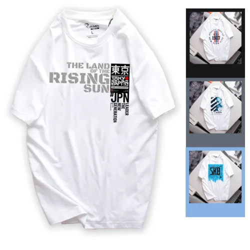 Áo Thun Nam Cổ Tròn Rurumen Màu Trắng In Chứ Rising Sun (Có size to 4x)