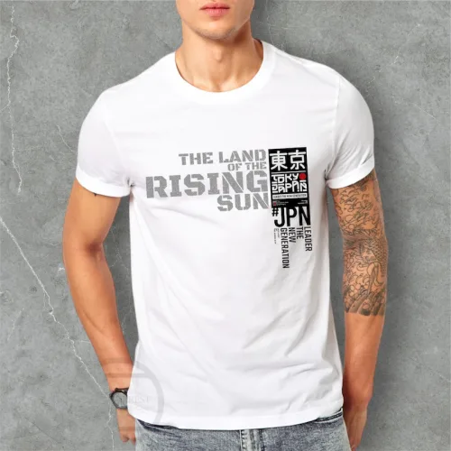 Áo Thun Nam Cổ Tròn Rurumen Màu Trắng In Chứ Rising Sun (Có size to 4x)