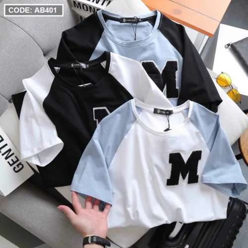 Áo Thun Nam Cổ Tròn Thun Cotton Quảng Châu Thêu Đắp Nổi Chữ M