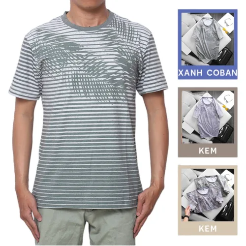 Áo Thun Nam Sọc Cổ Tròn In Họa Tiết Lá Dừa