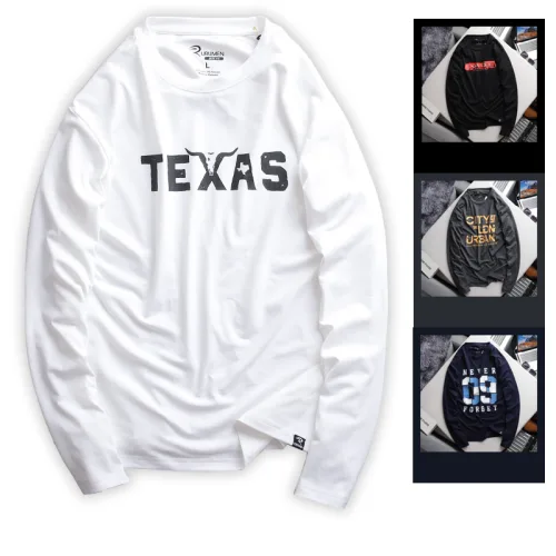 Áo Thun Nam Tay Dài Cổ Tròn Rurumen Màu Trắng In Chữ TEXAS Big Size