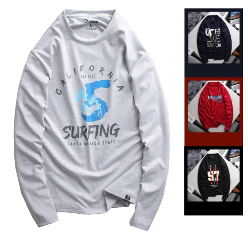 Áo Thun Nam Tay Dài Cổ Tròn Rurumen Màu Xám In Số 5 Big Size