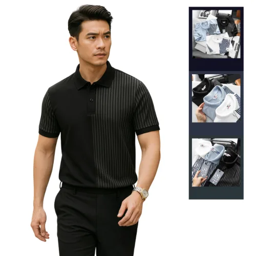 Hình ảnh Áo Thun Polo Nam Phối Sọc Dọc Trước Ngực Và Tay Áo BigSize Từ 50-90kg trong bộ sưu tập áo thun có cổ