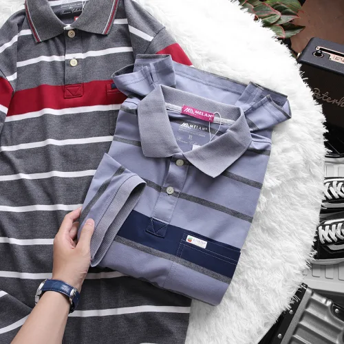 Áo Thun Sọc Nam Melan Cổ Bẻ Có Túi Thun Cotton