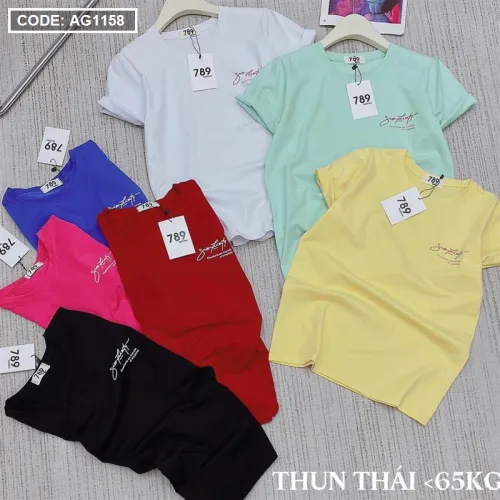Áo thun thái nữ cổ tròn in chữ kiểu form rộng giấu quần
