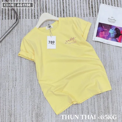 Áo thun thái nữ cổ tròn in chữ kiểu form rộng giấu quần