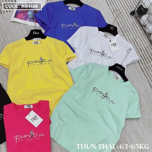 Áo thun thái nữ cổ tròn in chữ postive form suông vừa