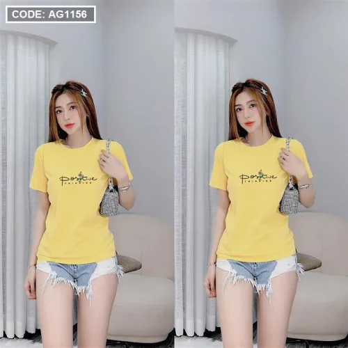 Áo thun thái nữ cổ tròn in chữ postive form suông vừa