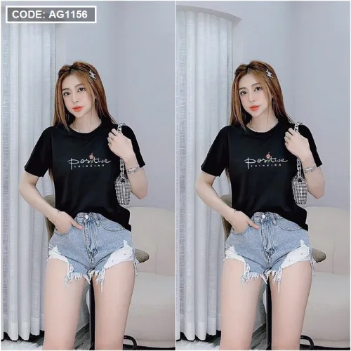 Áo thun thái nữ cổ tròn in chữ postive form suông vừa