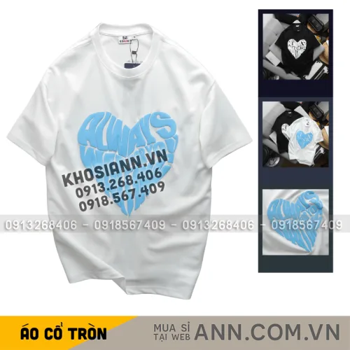 Áo Thun Unisex Cổ Tròn In Chữ Hình Trái Tim Trước Áo Size 40-80kg