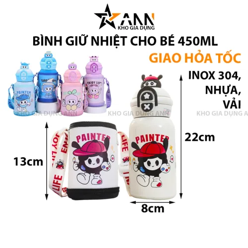 Bình giữ nhiệt cho bé 450ml, họa tiết hoạt hình và quai đeo