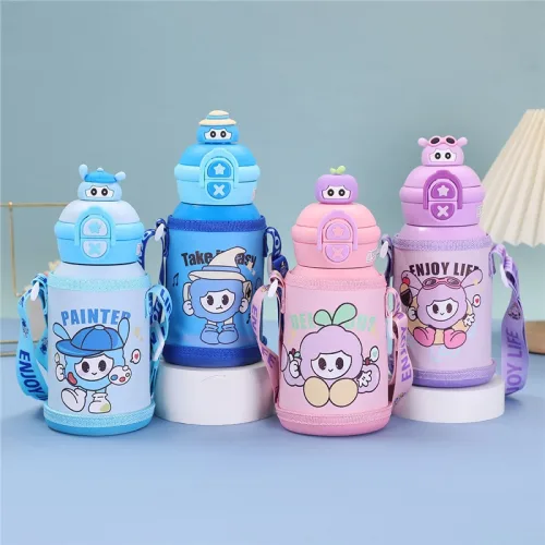 Bình giữ nhiệt cho bé 450ml, họa tiết hoạt hình và quai đeo