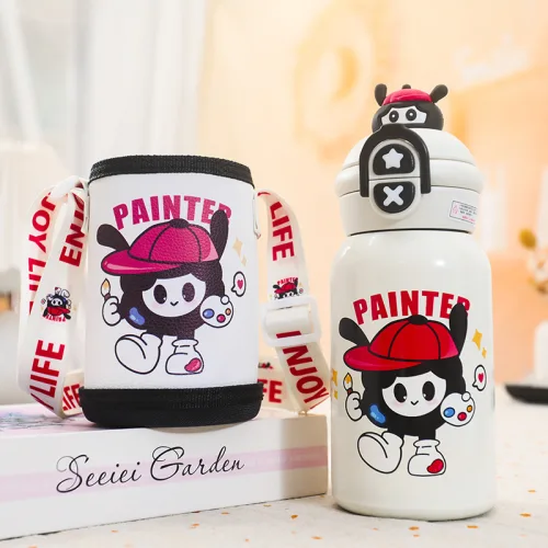 Bình giữ nhiệt cho bé 450ml, họa tiết hoạt hình và quai đeo