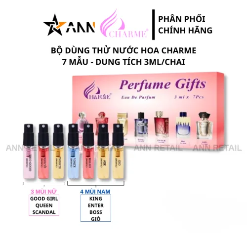 Bộ Dùng Thử Nước Hoa Charme 7 Mẫu (4 Mùi Nam &amp; 3 Mùi Nữ) Dung Tích 3ml/Chai