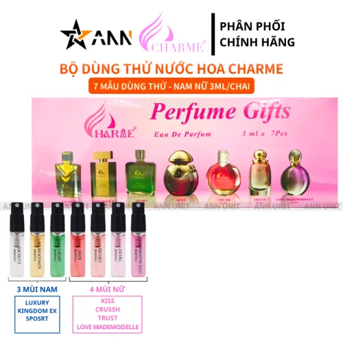Phân phối bộ Dùng Thử Nước Hoa Charme Màu Hồng 7 Mẫu (4 Mùi Nam &amp; 3 Mùi Nữ) Dung Tích 3ml/Chai