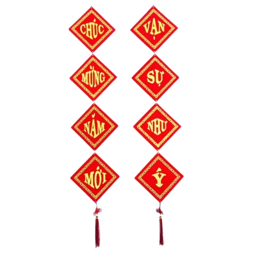 Bộ Đôi Khánh Nhung Chúc Mừng Năm Mới – Vạn Sự Như Ý – An Khang Thịnh Vượng Trang Trí Tết 18x18cm