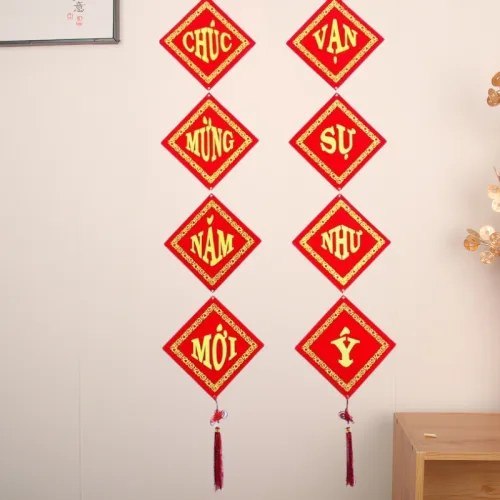 Bộ Đôi Khánh Nhung Chúc Mừng Năm Mới – Vạn Sự Như Ý – An Khang Thịnh Vượng Trang Trí Tết 18x18cm
