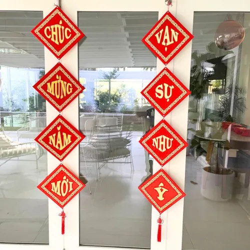 Bộ Đôi Khánh Nhung Chúc Mừng Năm Mới – Vạn Sự Như Ý – An Khang Thịnh Vượng Trang Trí Tết 18x18cm