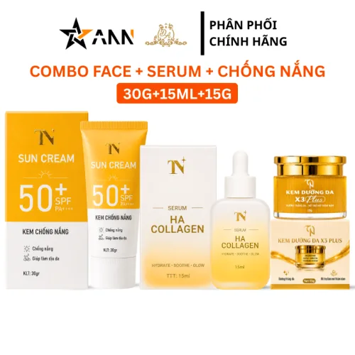 Combo Kem Dưỡng Da X3 Đông Anh - Kem Chống Nắng Sun Cream TN Đông Anh 30g + Serum Cấp Ẩm HA Collagen TN Đông Anh 15ml + Kem Face Nén Collagen X3 Plus Đông Anh 15g Phiên Bản Mới
