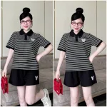 Đồ Bộ Nữ Áo Cổ Trụ Tay Ngắn Quần Đùi Họa Tiết Sọc Thêu Logo Mickey Mặc Mịn Mát Thoải Mái Size 45-62kg