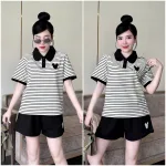 Đồ Bộ Nữ Áo Cổ Trụ Tay Ngắn Quần Đùi Họa Tiết Sọc Thêu Logo Mickey Mặc Mịn Mát Thoải Mái Size 45-62kg