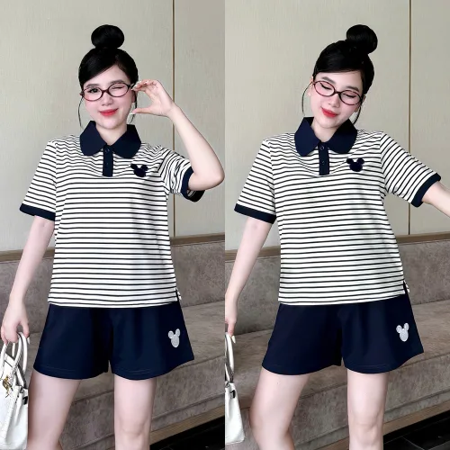 Đồ Bộ Nữ Áo Cổ Trụ Tay Ngắn Quần Đùi Họa Tiết Sọc Thêu Logo Mickey Mặc Mịn Mát Thoải Mái Size 45-62kg