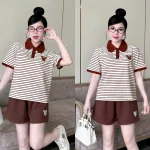 Đồ Bộ Nữ Áo Cổ Trụ Tay Ngắn Quần Đùi Họa Tiết Sọc Thêu Logo Mickey Mặc Mịn Mát Thoải Mái Size 45-62kg