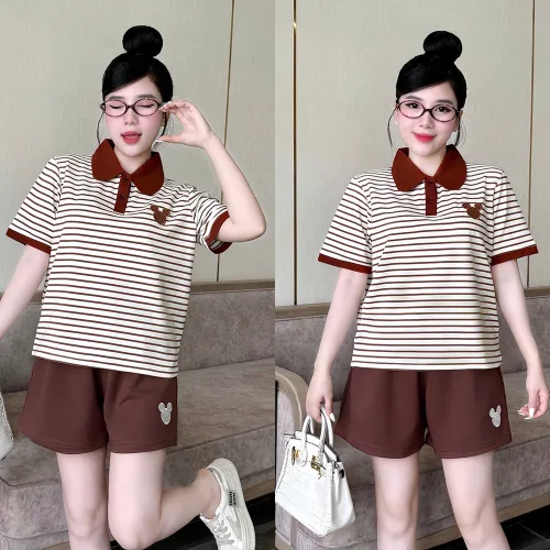 Đồ Bộ Nữ Áo Cổ Trụ Tay Ngắn Quần Đùi Họa Tiết Sọc Thêu Logo Mickey Mặc Mịn Mát Thoải Mái Size 45-62kg