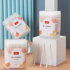 Hộp 200 Tăm Bông Ngoáy Tai - Tăm Bông Vcool 2 Đầu Tròn Và Dẹt Cho Bé Sơ Sinh 8x6x3.5cm