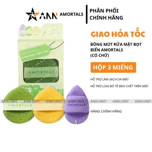 Amortals Hộp 3 Miếng Bông Mút Rửa Mặt Bọt Biển Có Chữ