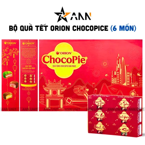 Hộp Bánh Tết Orion Chocopie Vạn Phúc - Bộ Quà Tết Chocopie Orion Vạn Phúc Mix 3 Vị Hộp 812,8g Gồm 6 Món
