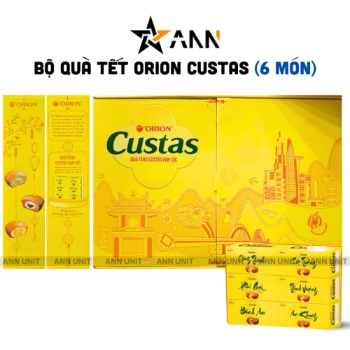 Hộp Bánh Tết Orion Custas Vạn Lộc - Bộ Quà Tết Custas Orion Vạn Lộc Mix 3 Vị Hộp 564g Gồm 6 Món