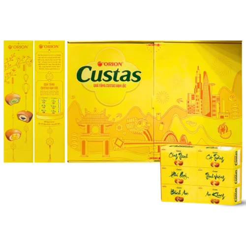 Hộp Bánh Tết Orion Custas Vạn Lộc - Bộ Quà Tết Custas Orion Vạn Lộc Mix 3 Vị Hộp 564g Gồm 6 Món