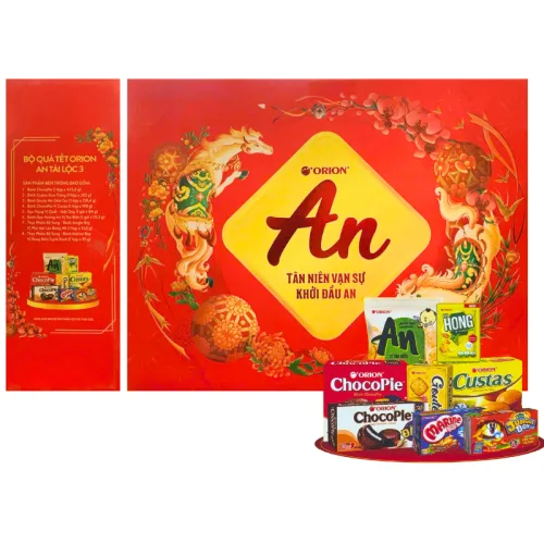 Hộp Bánh Tết Orion Tài Lộc 3 - Bộ Quà Tết Con Ngựa Orion An Tài Lộc 3 Hộp 1,3359kg Gồm 8 Món