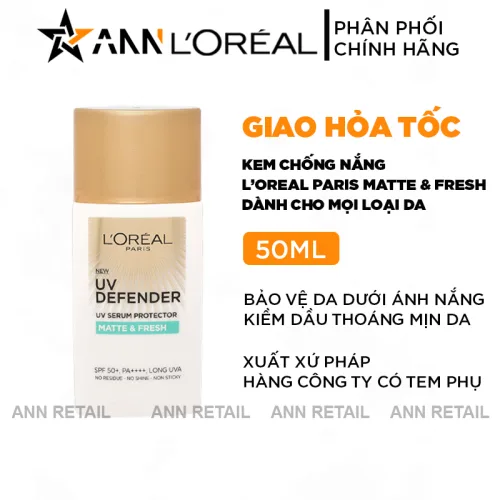 Kem Chống Nắng Loreal Paris Kiềm Dầu Thoáng Mịn Da Matte &amp; Fresh With Airlicium SPF50+ PA++++ 50ml