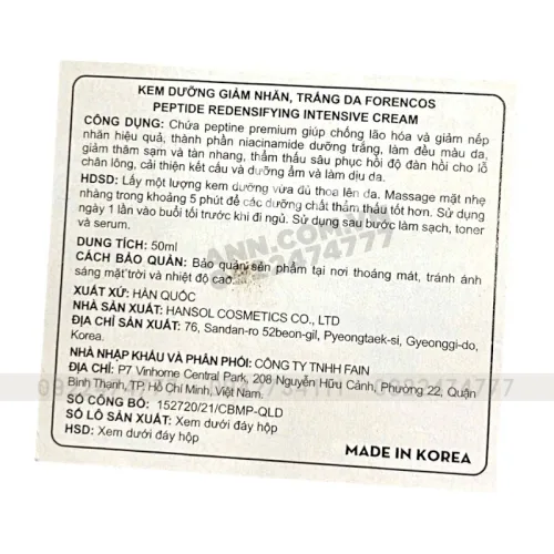 Kem dưỡng Peptide Redensifying Intensive Cream Forencos màu tím 50ml