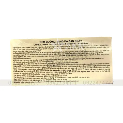 Bảng giá sỉ kem Dưỡng Trắng Da Loreal Paris Ban Ngày Glycolic-Bright Glowing Cream Day SPF 17 50ml