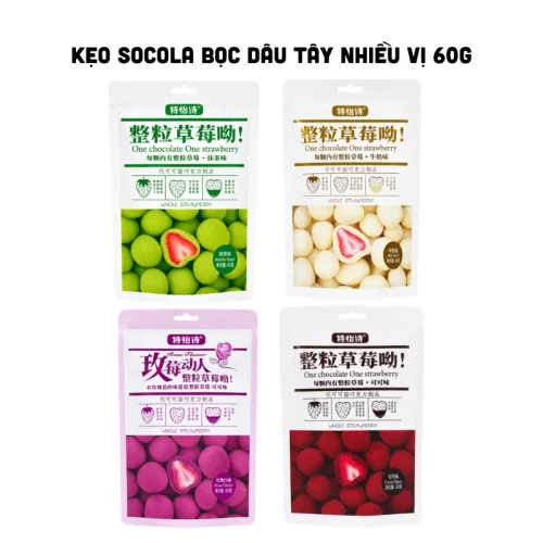Kẹo Socola Bọc Dâu Tây Thơm Ngon - 4 Vị Socola, Sữa Chua, Hoa Hồng, Matcha 60g